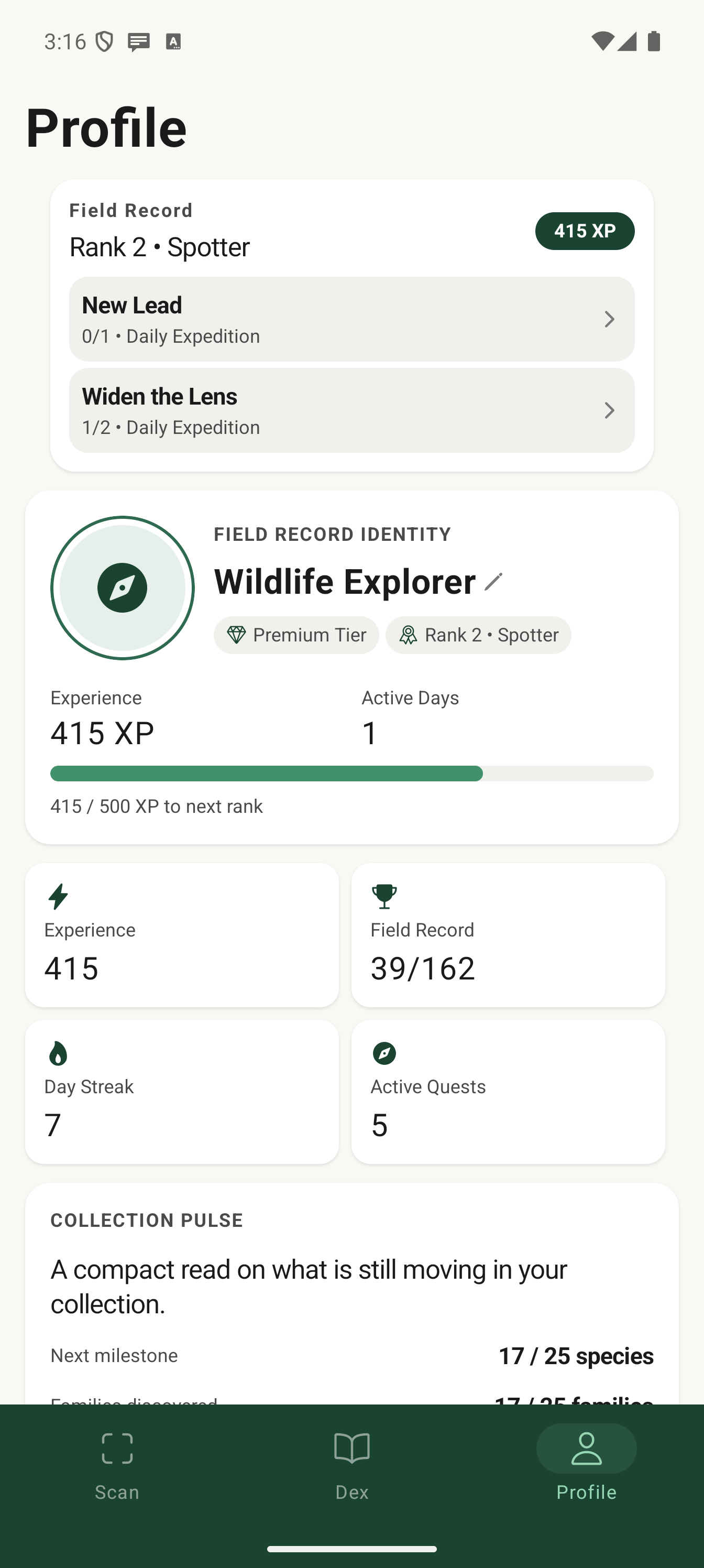 Profile dashboard screen
