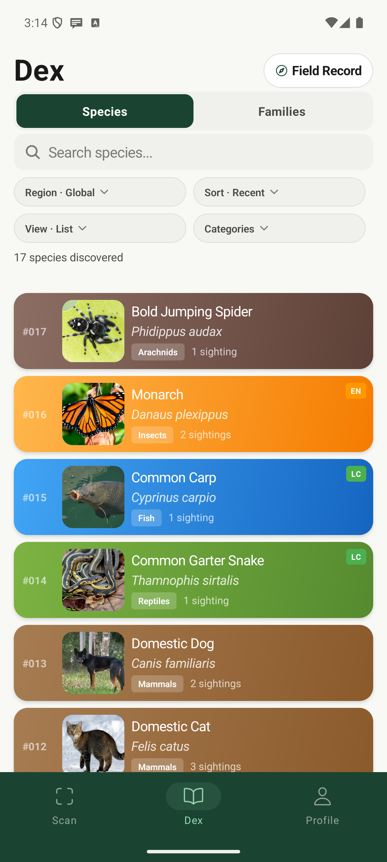 Species collection list mode