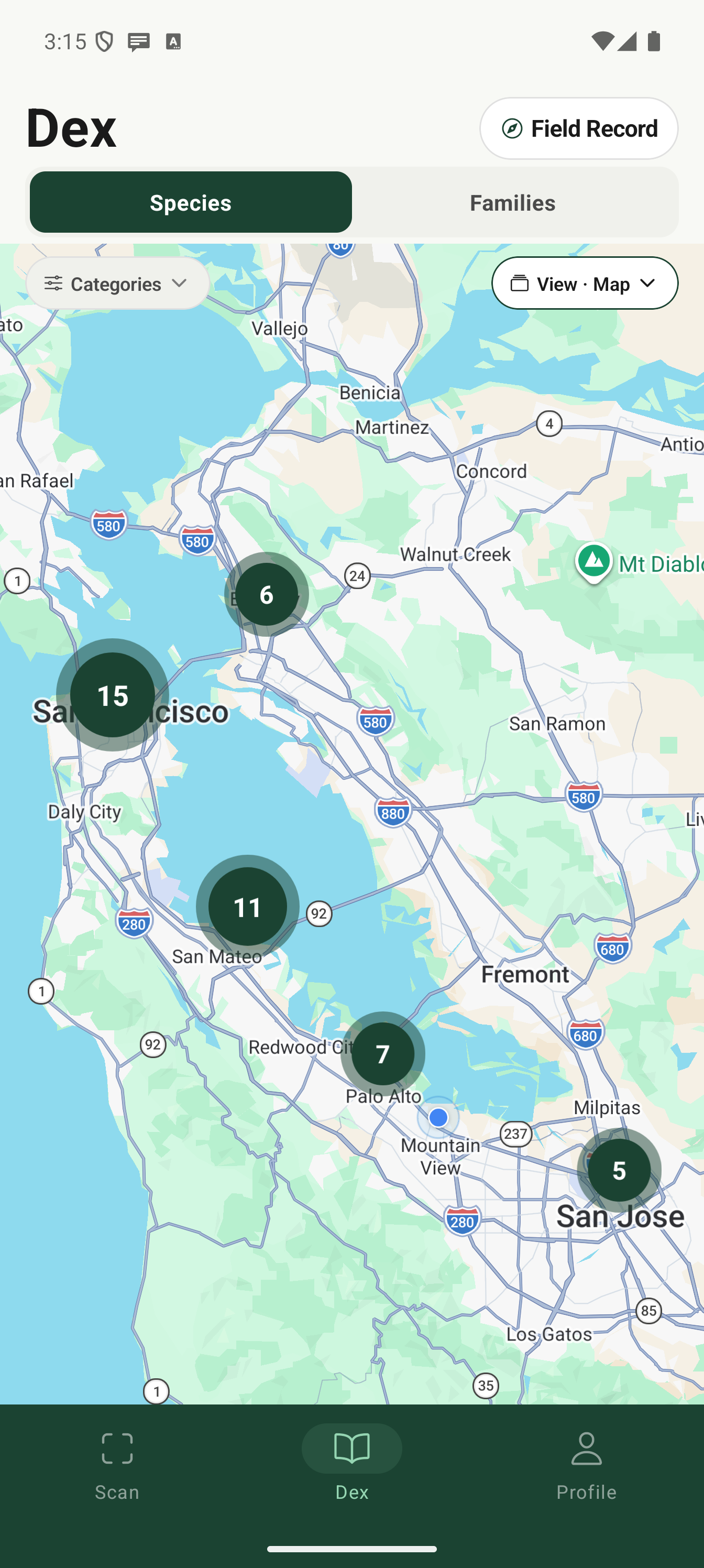 Map view of sightings